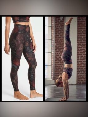 Athleta High-Waist Floral Print Leggings in Dark Rose and Black